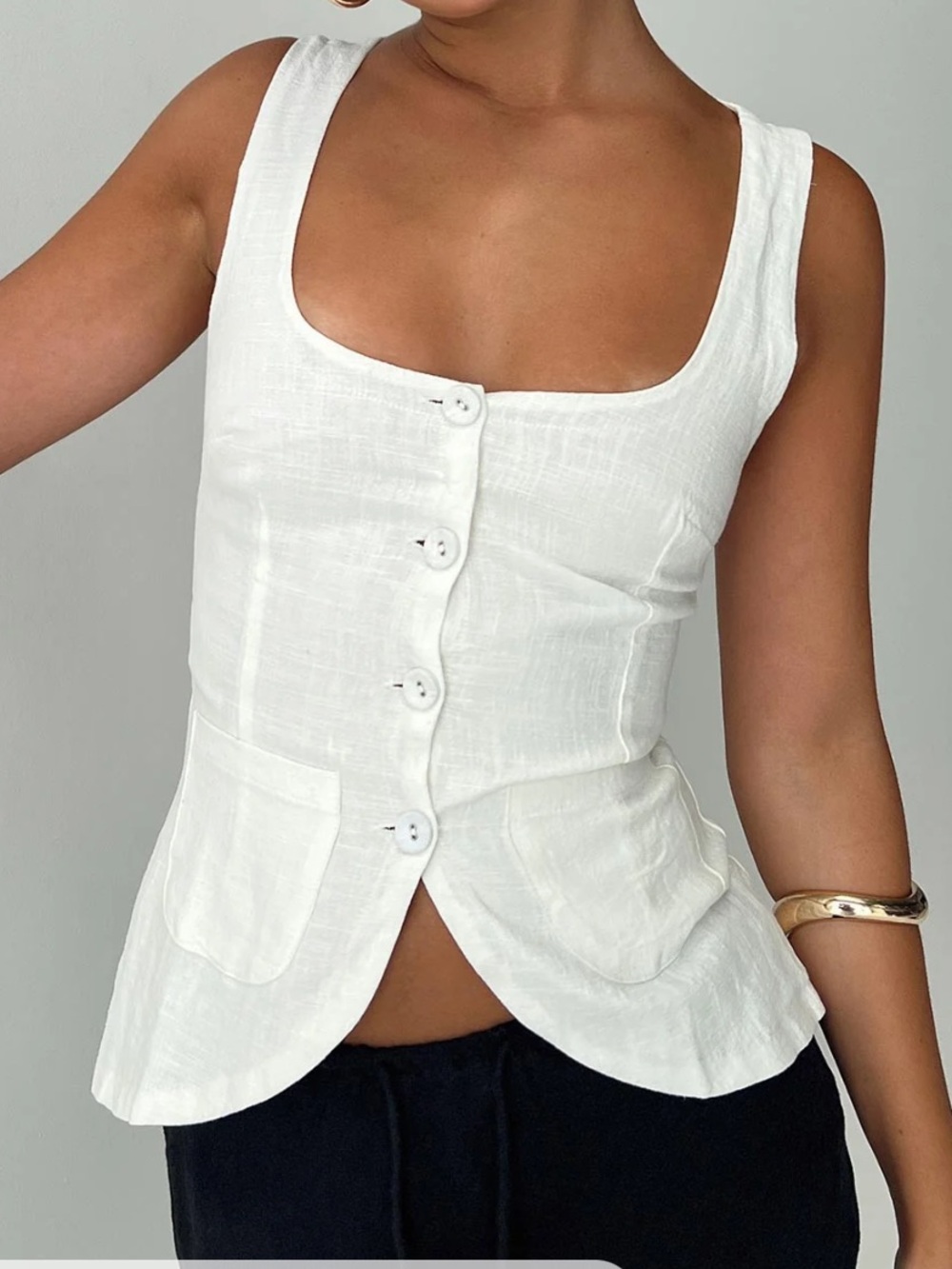 Princess Polly White Linen-Blend Scoop Neck Button Tank